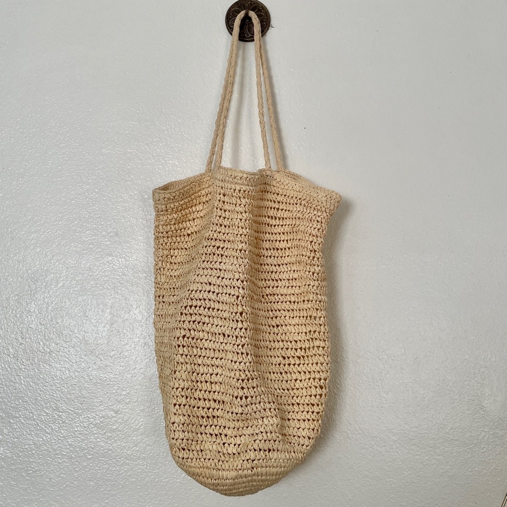 Cream Woven Straw Tote Bag Boho Crochet Beach Shopper Shoulder Bag